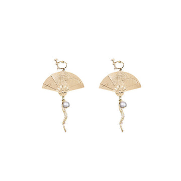 Gold and Silver Folding Fan Chain No Pierce Ear Clips