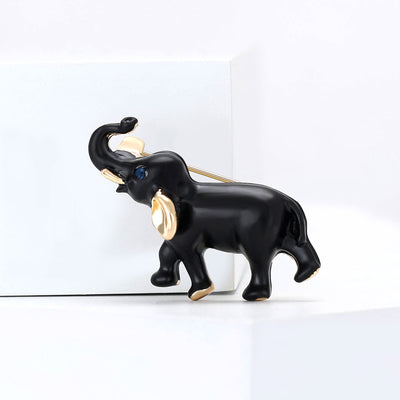 Black Enamel Elephant Brooch shown on a clean white display