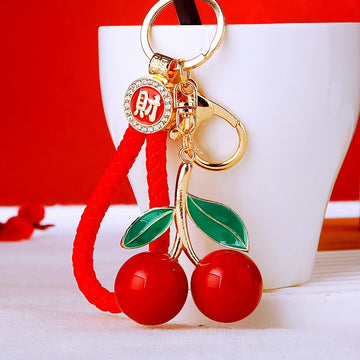 Double Red Cherry Keychain with Plain Red Cord and Fortune Loop Options