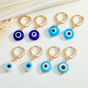 Gold Tone Round Glass Evil Eye Huggie Drop Earrings in Four Colors