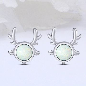 Silver Tone Reindeer Stud Earrings with White or Blue Center