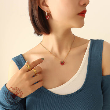 Red Hollow Heart Hoop Earrings Or Gold Pendant Necklace