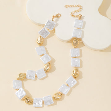 White Faux Pearl Square Bead Necklace With Gold Nugget Accents