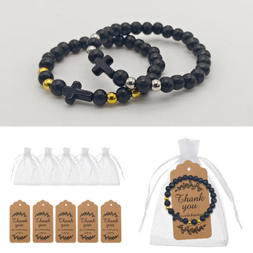 Black Wood Bead Cross Stretch Bracelet Mixed Accents