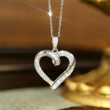 Silver Tone Open Heart Pendant Necklace with Clear Crystal Edge