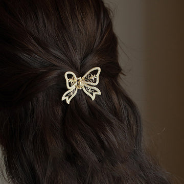 Gold Filigree Bow Pearl Metal Hair Claw Clip Openwork