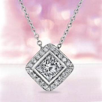 Silver Rhombus Princess CZ Halo Pendant Necklace Chain