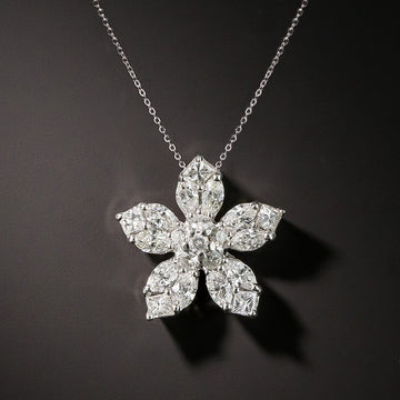 Five Petal Flower Clear CZ Pendant Necklace Silver Tone Chain