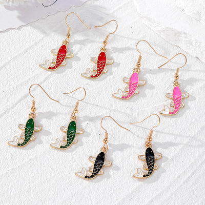 Four pairs of enamel koi fish drop earrings in red pink green and black