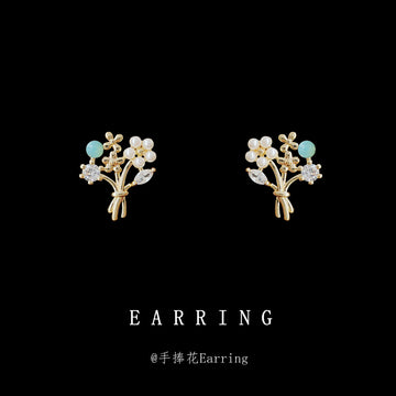 Gold Tone Floral Bouquet Stud Earrings With Pearls And Clear Stones