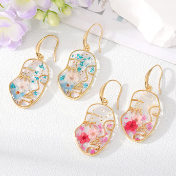 Gold Tone Face Profile Pressed Flower Earrings and Charms