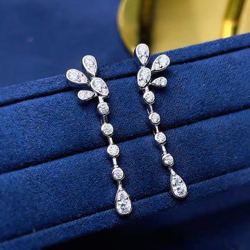 Silver Flower CZ Linear Drop Earrings Teardrop Dangles