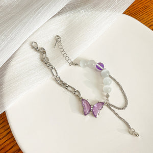 Purple Crystal Butterfly Silver Chain Bracelet Bead Heart Dangle