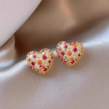 Gold Heart Stud Earrings Multicolor Pave Pink Orange Clear
