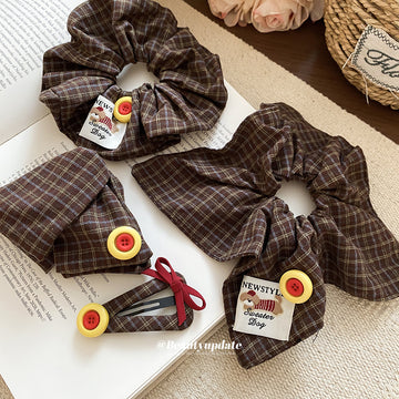 Brown Plaid Scrunchie Duckbill Clip Dog Button 2 Styles