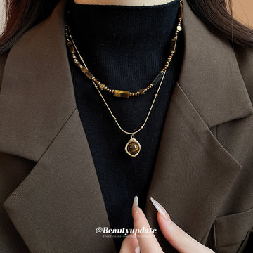 Gold Double Layer Tiger Eye Bar Sphere Pendant Necklace