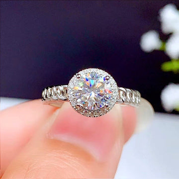 Silver Tone Round Halo Crystal Ring with Polished Finish