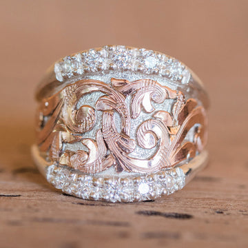 Two-Tone Filigree Wide Band Ring Rose Gold Silver Stones