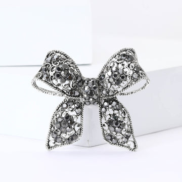 Antique Silver Black Crystal Bow Brooch Openwork Filigree