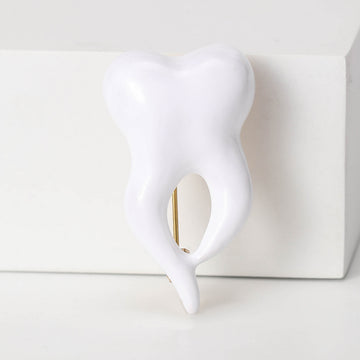 White Enamel Tooth Brooch with Gold Tone Crown Detail