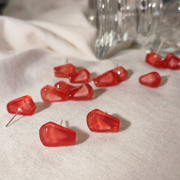 Red Translucent Resin Seed Shaped Stud Earrings Pair