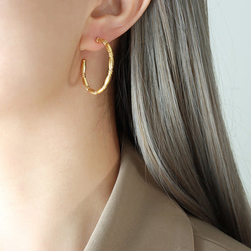 Bamboo Segment Open C Hoop Earrings Gold or Steel Tone