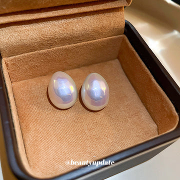 Iridescent White Oval Dome Stud Polished Metal Polished Metal Earrings