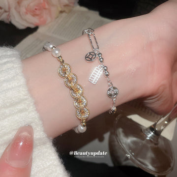 Gold Pearl Crystal Coin Link Bracelet Extension Chain Clasp