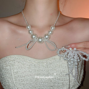 Pearl Bow Tassel Stud Earrings Graduated Bow Necklace 2 Styles