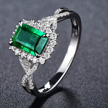 Green Rectangular Stone Floral Halo Ring In Polished Silver Tone