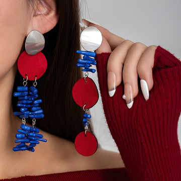 Red Disc and Blue Bead Cluster Asymmetrical Earrings