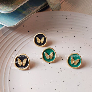 Gold Butterfly Round Enamel Stud Earrings Green Black Pair