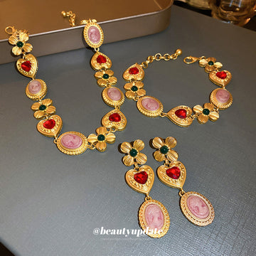 Gold Cameo Heart Flower Necklace Bracelet Earring Three Styles