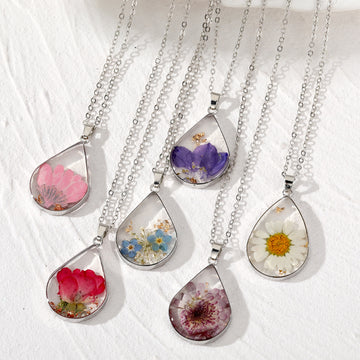 Silver Tone Teardrop Pressed Flower Resin Pendant Necklaces