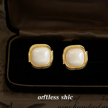 Gold Twisted Rope Frame Cushion Pearl Cabochon Stud Earrings