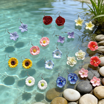Realistic Molded Flower Drop Earrings in Twelve Botanical Designs