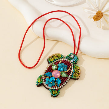 Beaded Turtle Charm Pendant with Rhinestone Accents and Red Cord