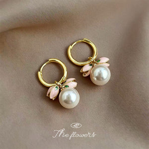 Gold Hoop Pink Tulip Charm White Glass Pearl Earrings