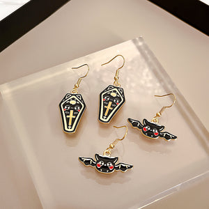 Black Enamel Coffin Fishhook Earrings with a Gold-Tone Cross