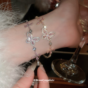 Pink Crystal Butterfly And Flower Bracelet In Gold Or Silver Tone