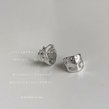 Silver Tone Irregular Concave Sculptural Huggie Hoop Earrings