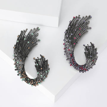 Gunmetal Rhinestone Wave Plume Brooch Purple Green Accents