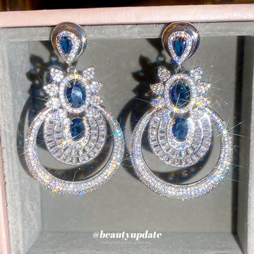 Blue Crystal Floral Circle Statement Stud Earrings