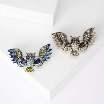 Spread-Wing Owl Metal Brooch with Wide-winged Owl with Crystals and Colored Enamel Details