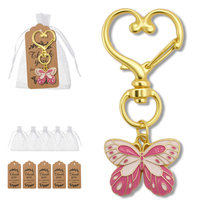 Pink butterfly keychain shown beside a white organza bag and printed Thank You tags.