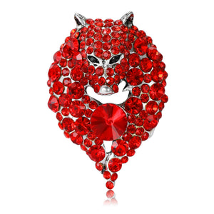 Red Rhinestone Wolf Head Brooch Silver Tone Full Crystal Pin