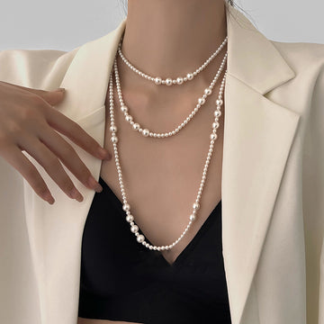 Long White Pearl Multi Size Geometric Strand Necklace