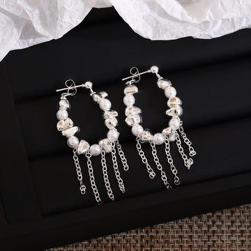 Pearl Look Silver Tone Chain Fringe Open Hoop Earrings