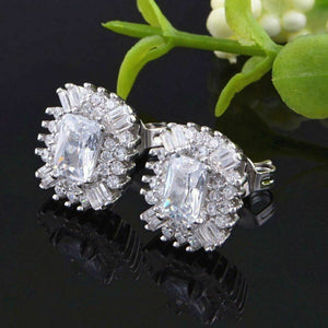 Silver Tone Emerald Cut Crystal Cluster Stud Earrings