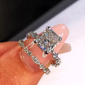 Cushion Solitaire And Marquise Two-Ring Set In Silver Tone